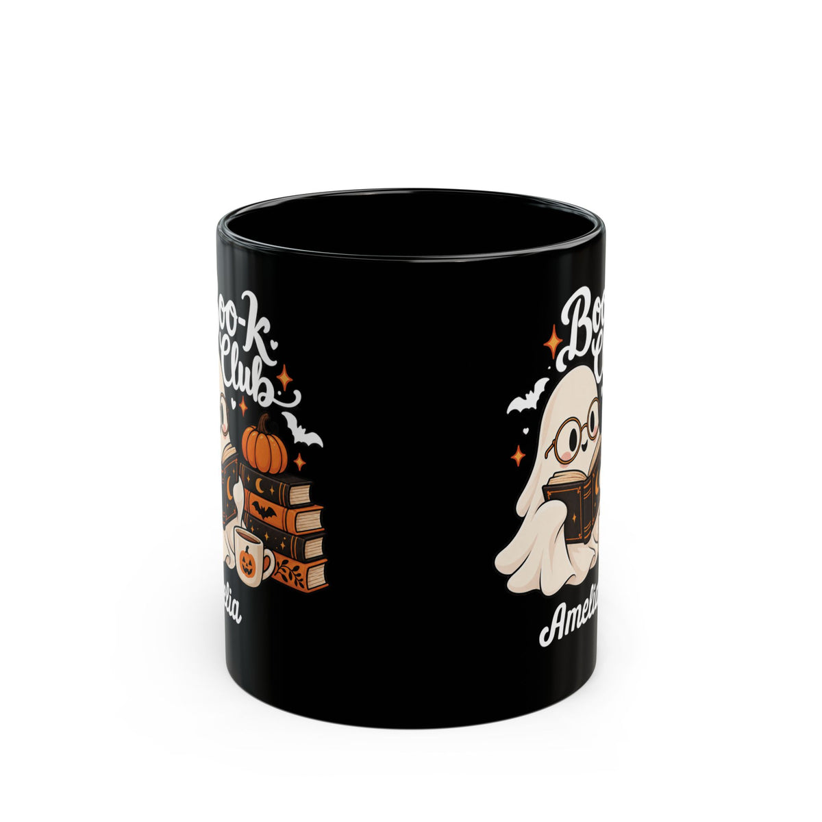 Boo-k Club reading ghost design with a name on a black mug, view 4