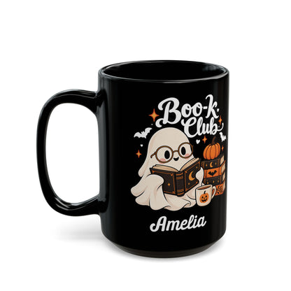 Boo-k Club reading ghost design with a name on a black mug, view 6