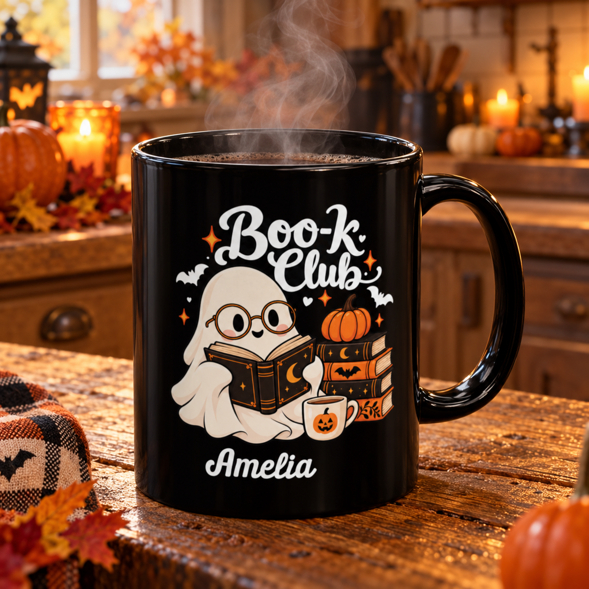 Boo-k Club reading ghost design with a name on a black mug, view 7
