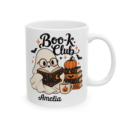 Boo-k Club reading ghost design with a name on a white ceramic mug, view 1