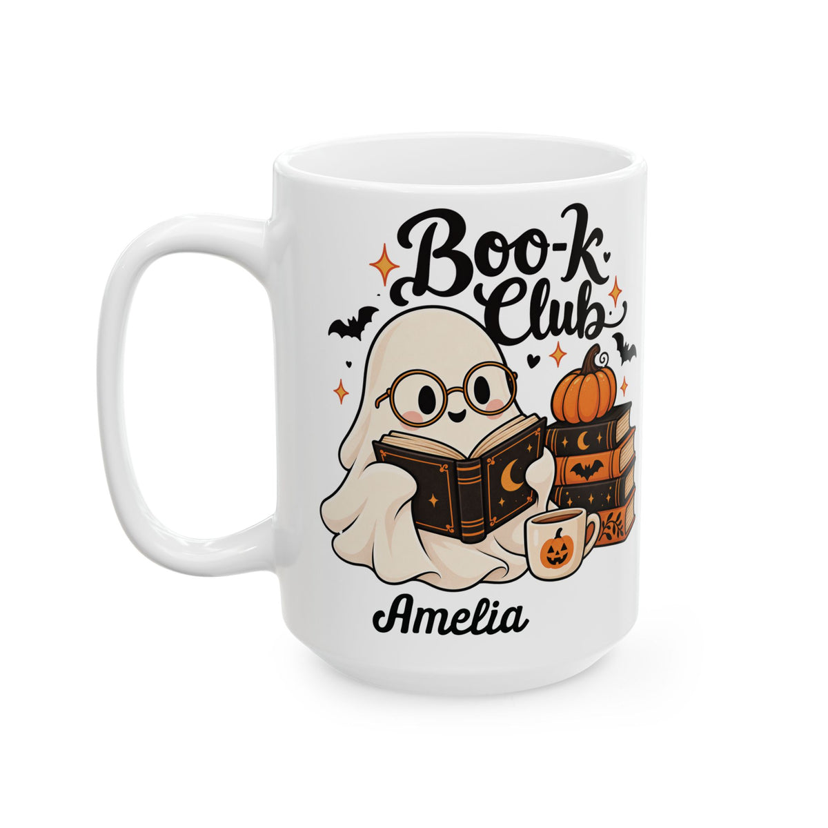 Boo-k Club reading ghost design with a name on a white ceramic mug, view 2