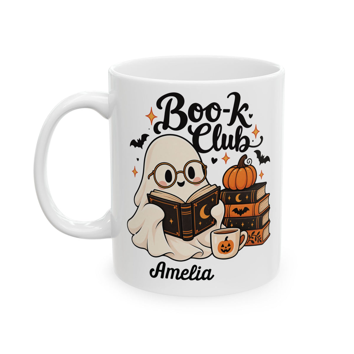 Boo-k Club reading ghost design with a name on a white ceramic mug, view 3