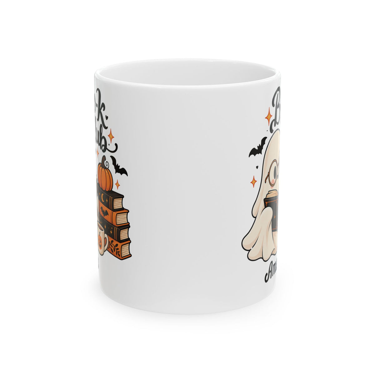 Boo-k Club reading ghost design with a name on a white ceramic mug, view 4