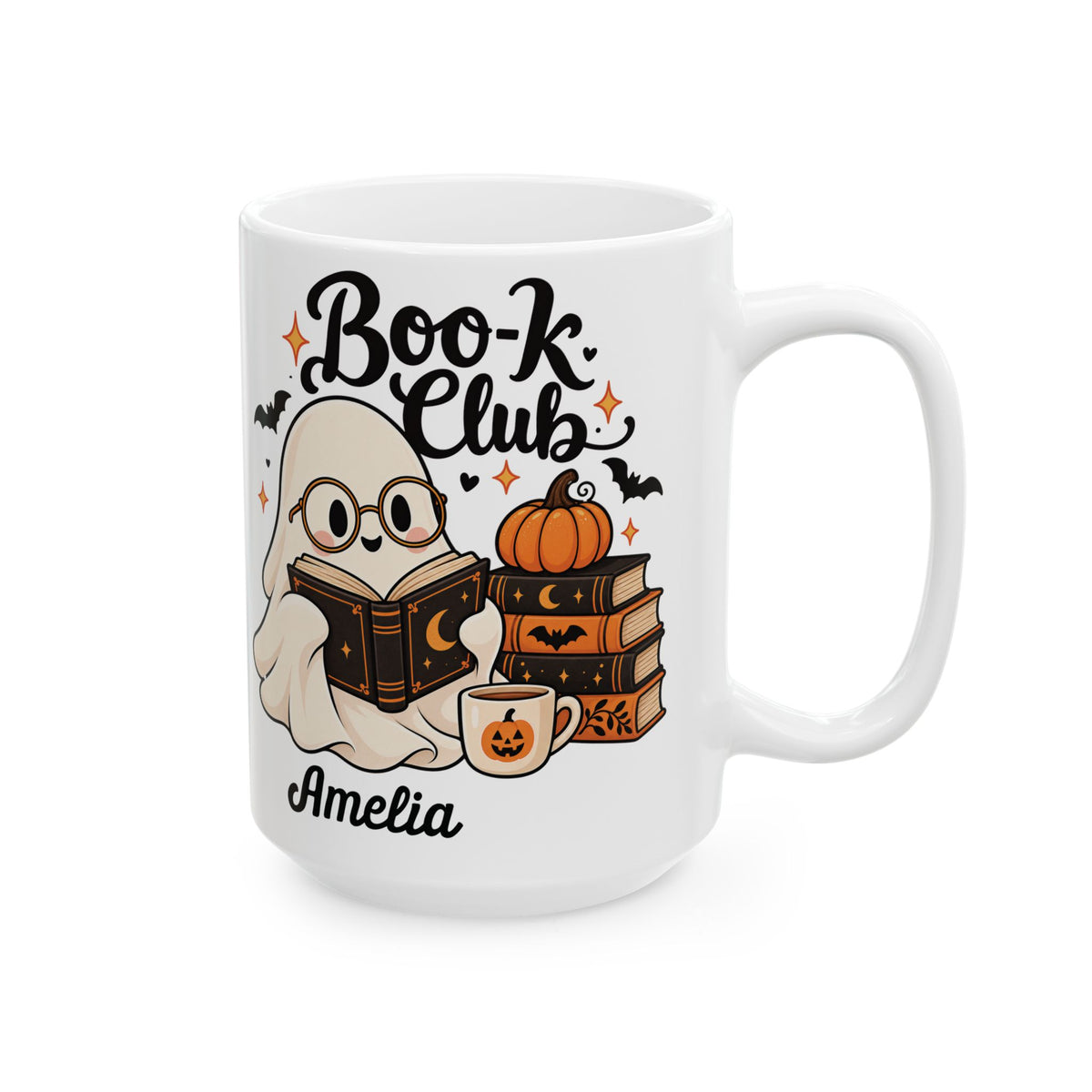 Boo-k Club reading ghost design with a name on a white ceramic mug, view 6