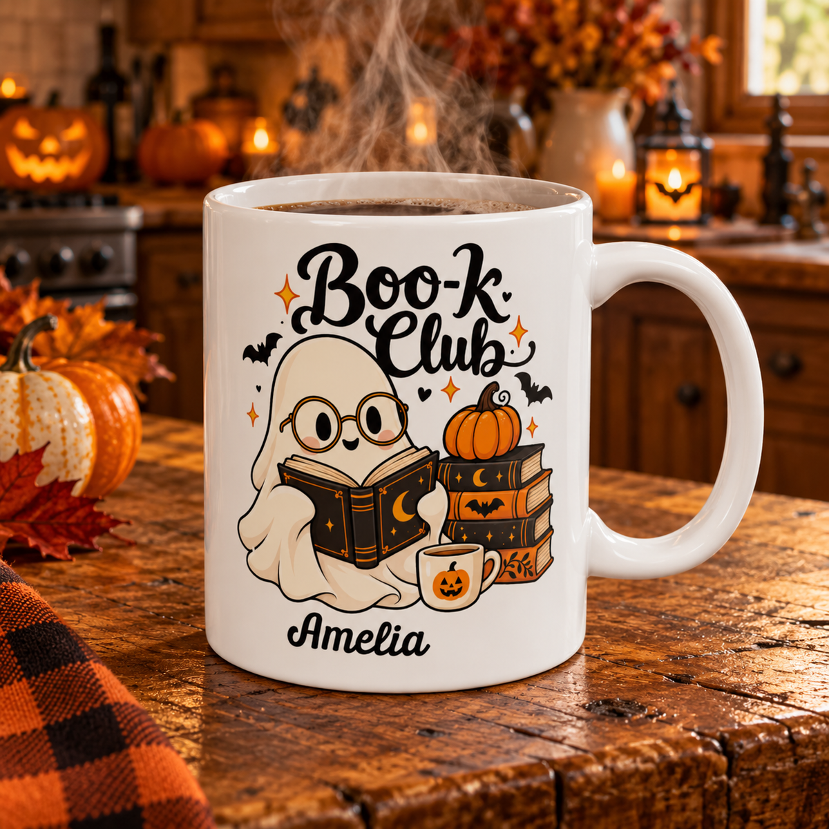 Boo-k Club reading ghost design with a name on a white ceramic mug, view 7