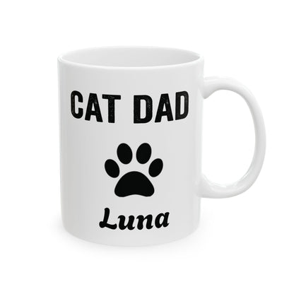 Personalized Cat Dad design with cat name on a white ceramic mug, view 1