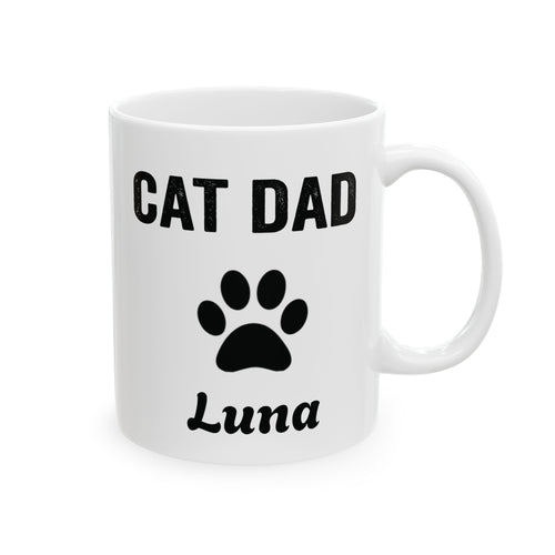 Personalized Cat Dad design with cat name on a white ceramic mug, view 1