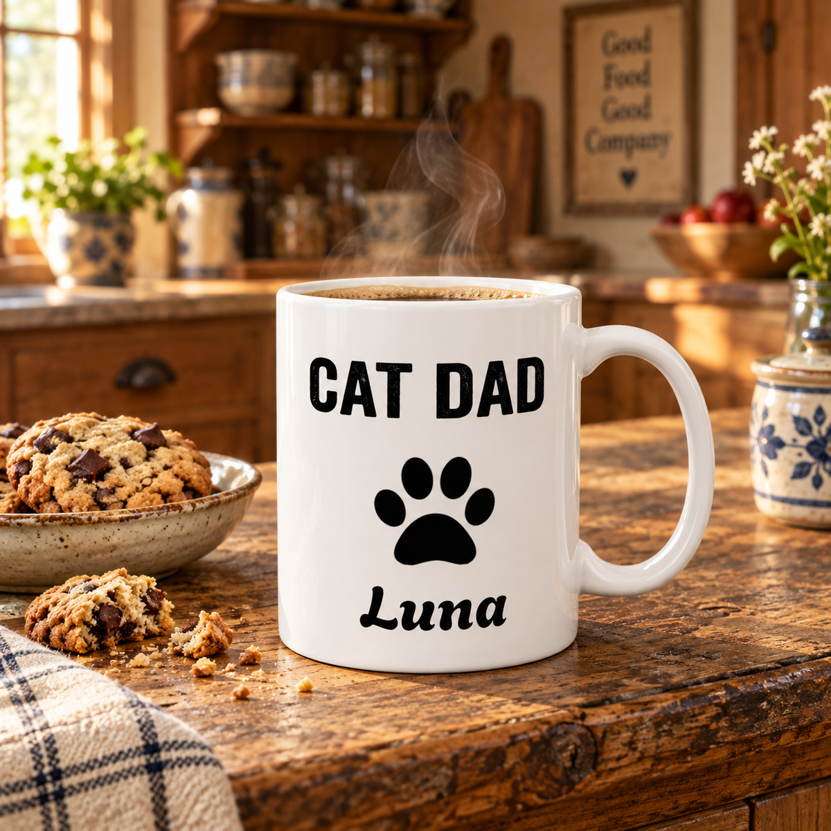 Personalized Cat Dad design with cat name on a white ceramic mug, view 2