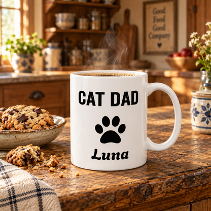 Personalized Cat Dad design with cat name on a white ceramic mug, view 2