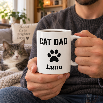 Personalized Cat Dad design with cat name on a white ceramic mug, view 3
