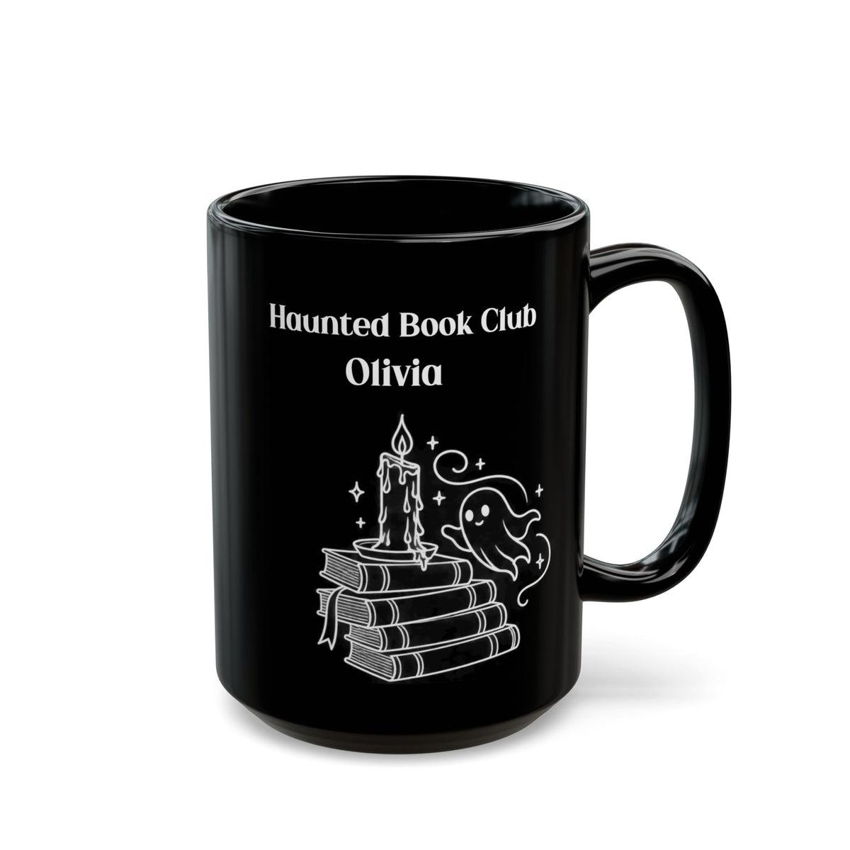 Haunted Book Club design with a name on a black mug, view 2