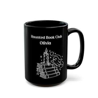 Haunted Book Club design with a name on a black mug, view 2