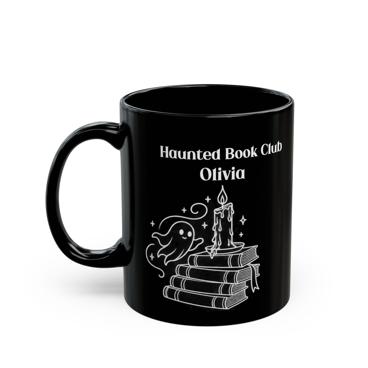 Haunted Book Club design with a name on a black mug, view 3