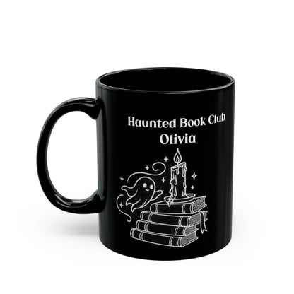 Haunted Book Club design with a name on a black mug, view 3