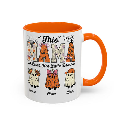 Mama Little Boos ghost design with kids names on an accent mug, view 1