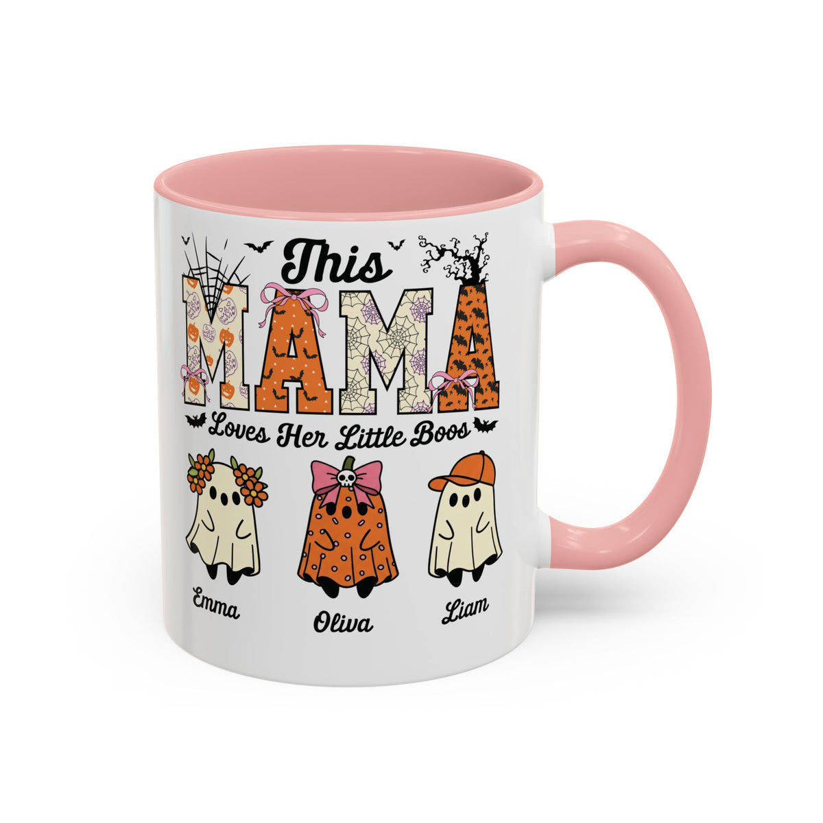 Mama Little Boos ghost design with kids names on an accent mug, view 4