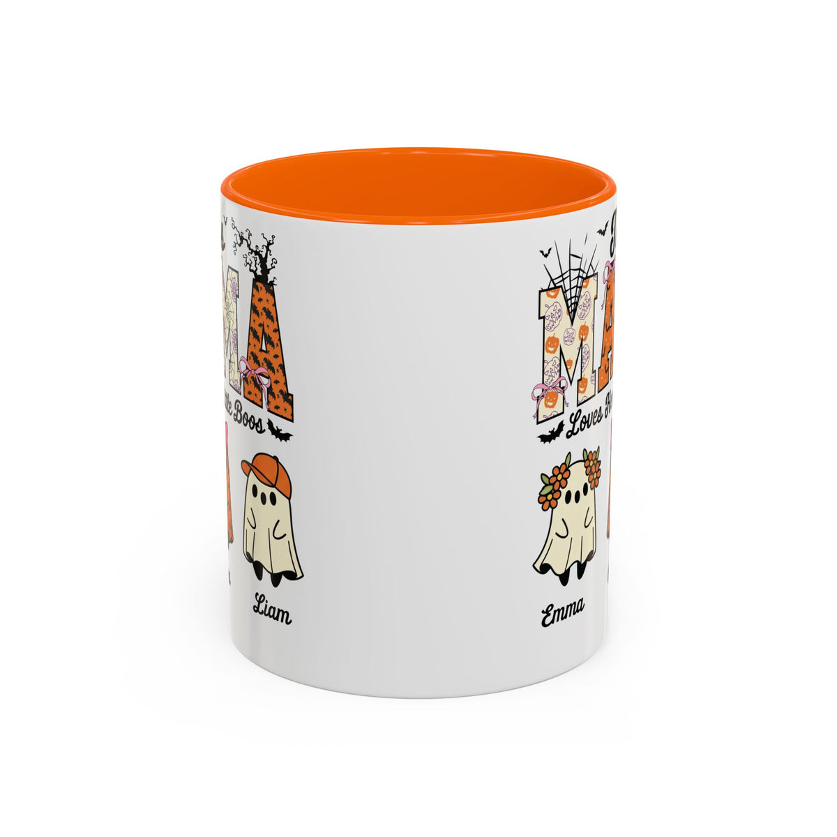Mama Little Boos ghost design with kids names on an accent mug, view 10