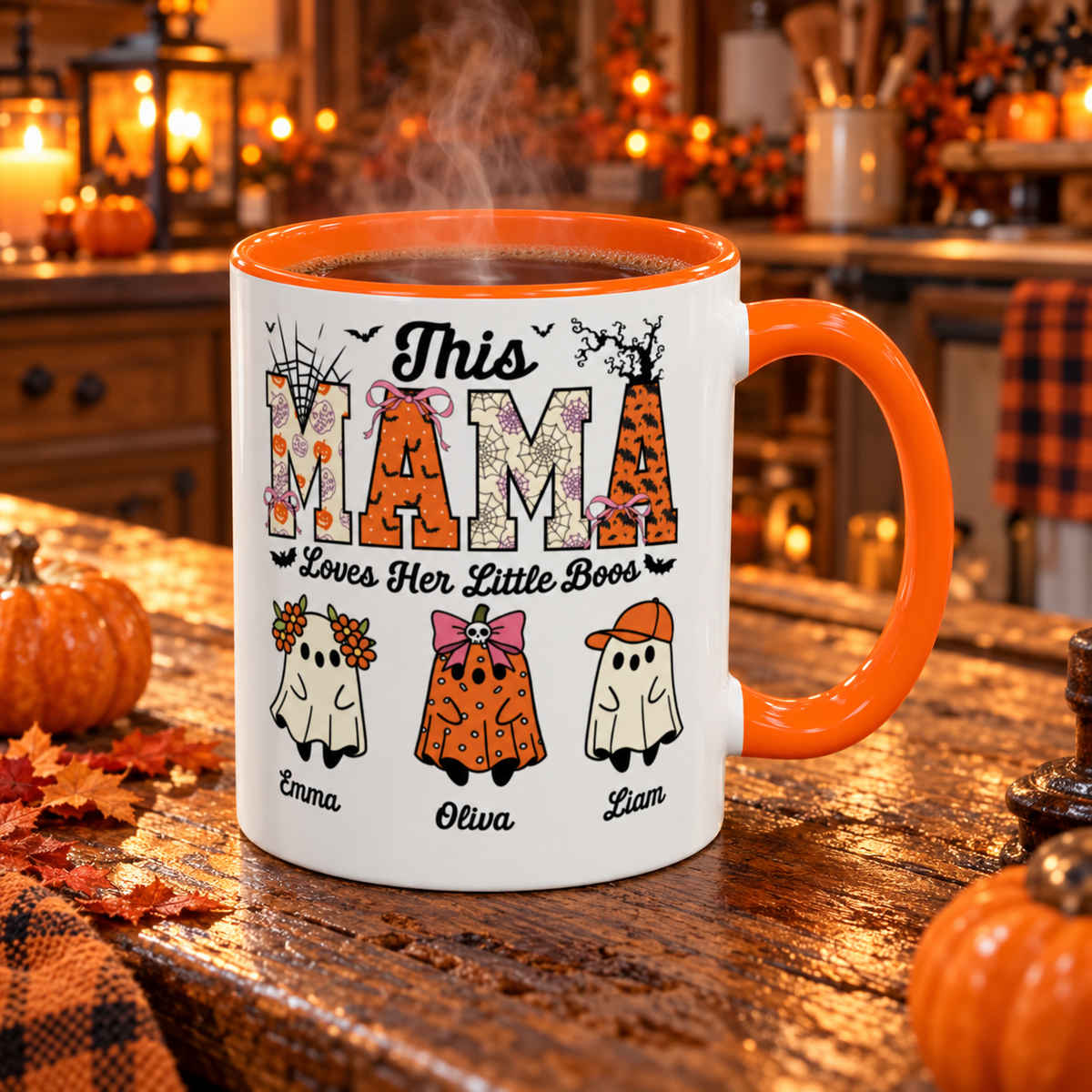 Mama Little Boos ghost design with kids names on an accent mug, view 13