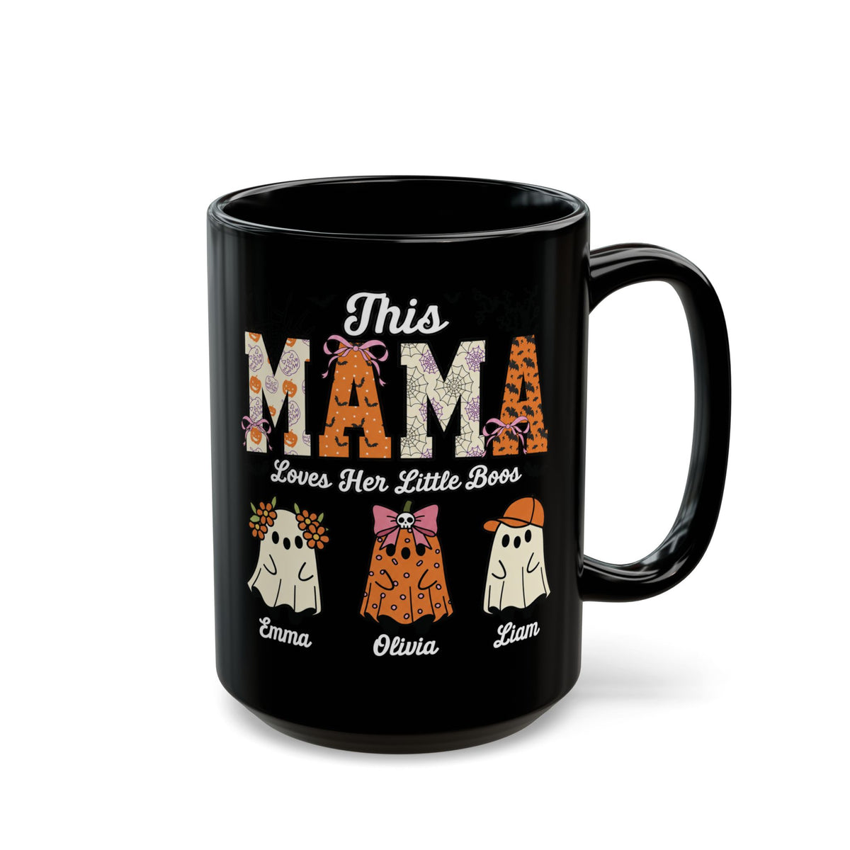 Mama Little Boos ghost design with kids names on a black mug, view 2