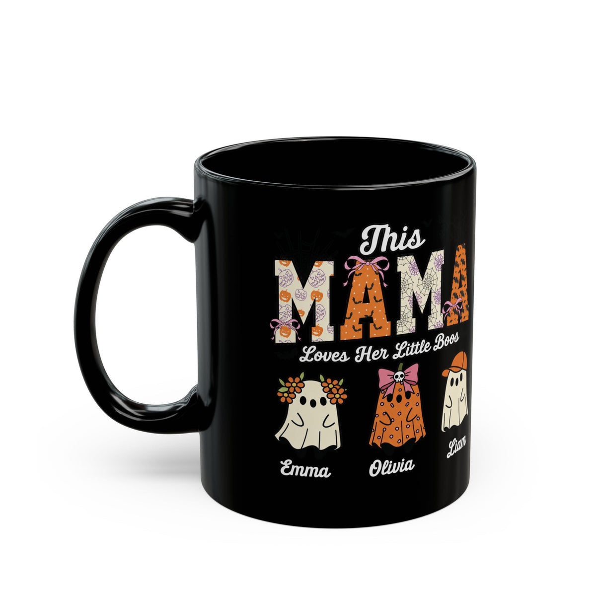 Mama Little Boos ghost design with kids names on a black mug, view 3