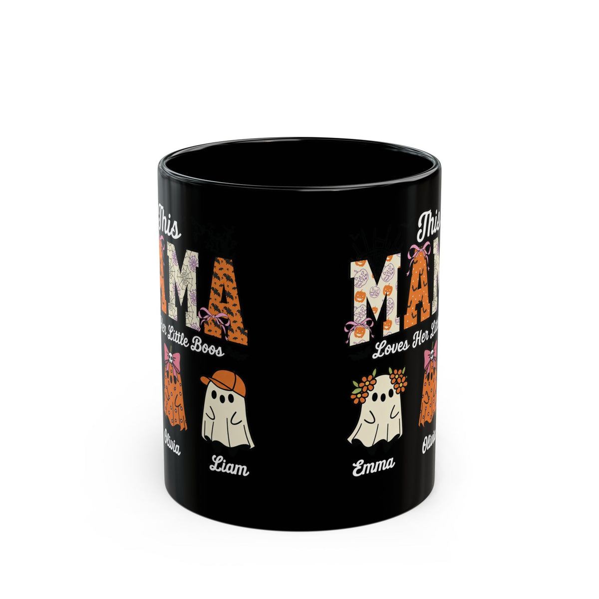Mama Little Boos ghost design with kids names on a black mug, view 4