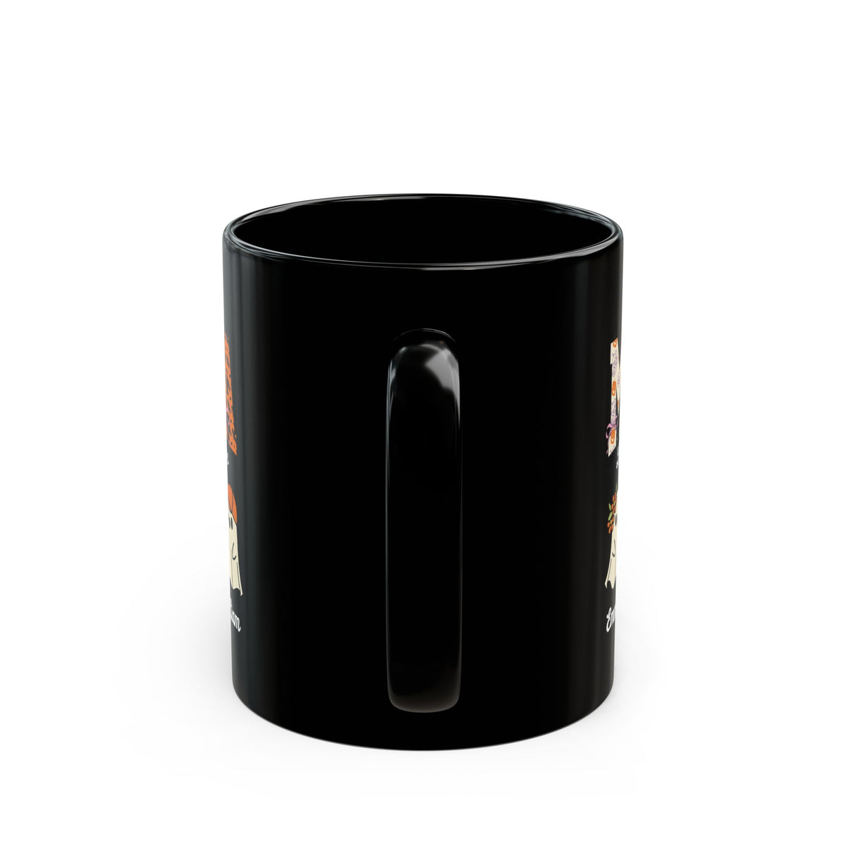 Mama Little Boos ghost design with kids names on a black mug, view 5