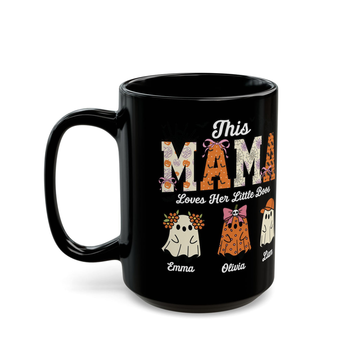 Mama Little Boos ghost design with kids names on a black mug, view 6