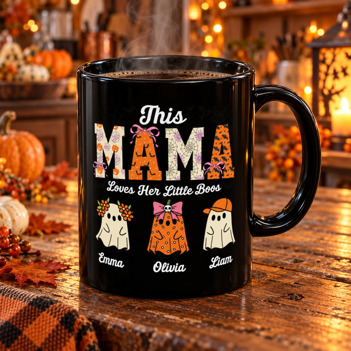 Mama Little Boos ghost design with kids names on a black mug, view 7