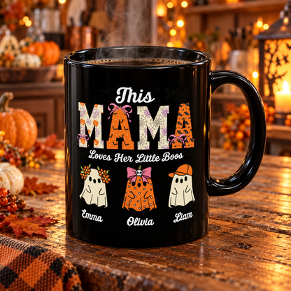 Mama Little Boos ghost design with kids names on a black mug, view 7
