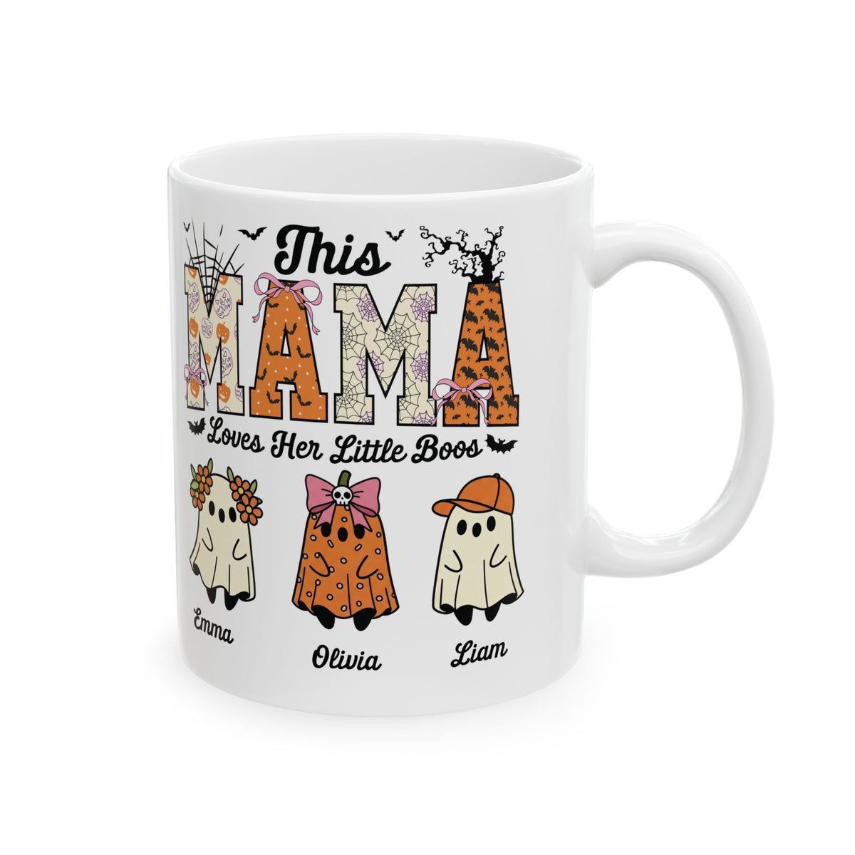 Mama Little Boos ghost design with kids names on a white ceramic mug, view 1