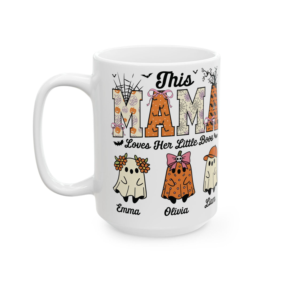 Mama Little Boos ghost design with kids names on a white ceramic mug, view 2