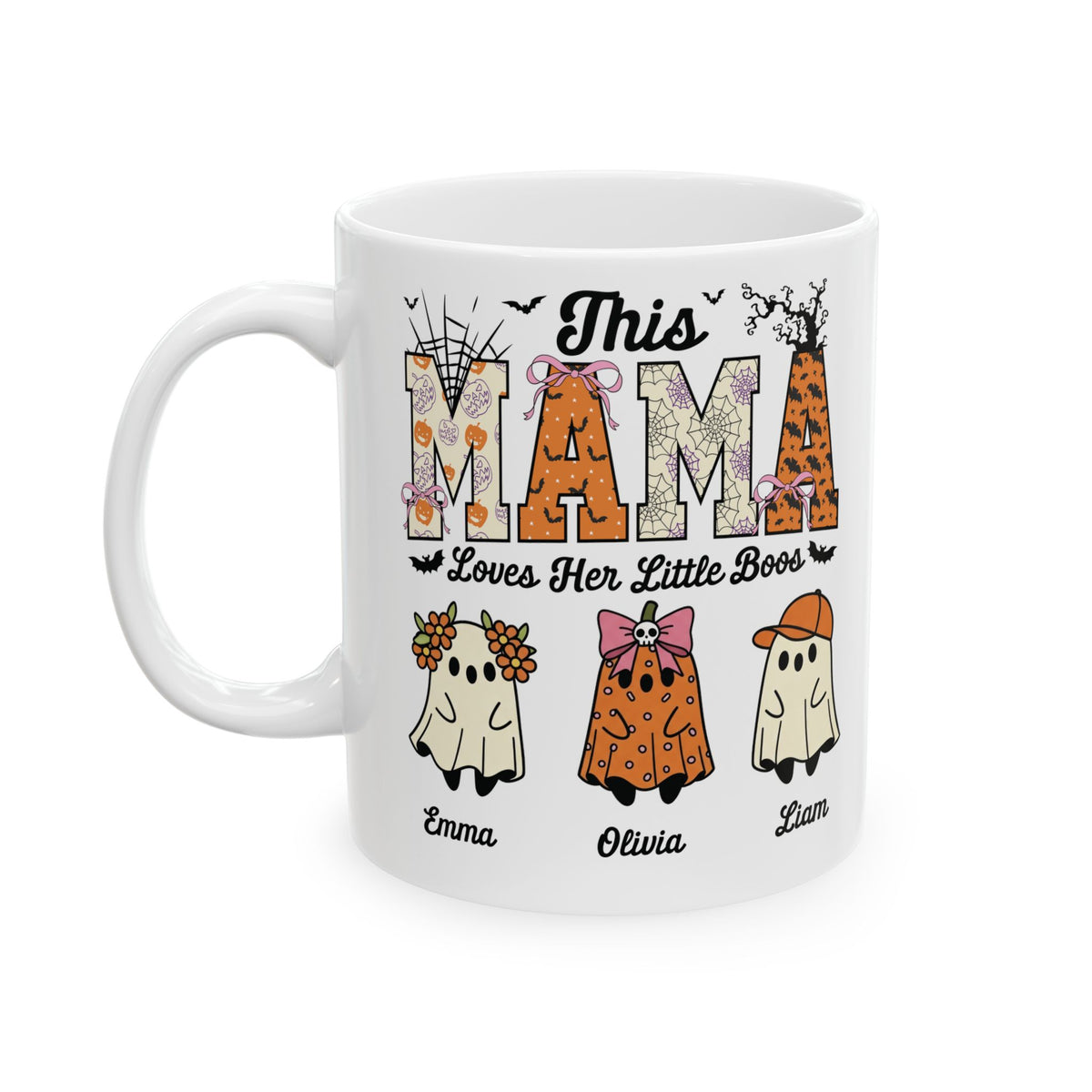 Mama Little Boos ghost design with kids names on a white ceramic mug, view 3