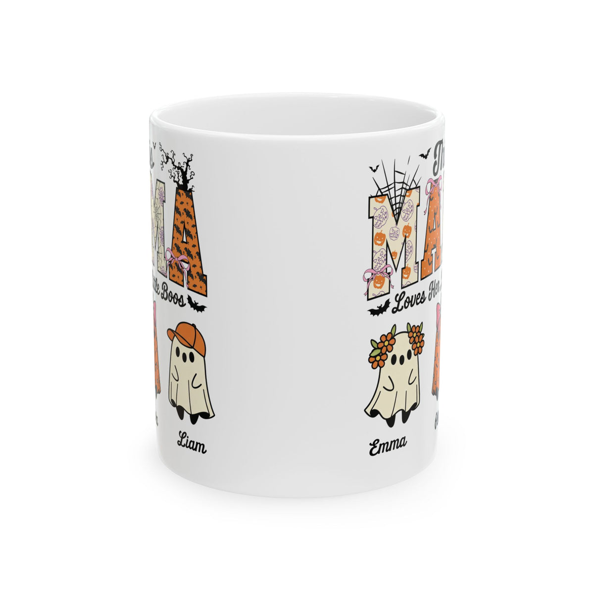 Mama Little Boos ghost design with kids names on a white ceramic mug, view 4