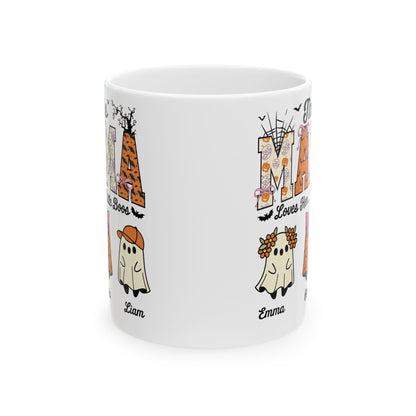 Mama Little Boos ghost design with kids names on a white ceramic mug, view 4