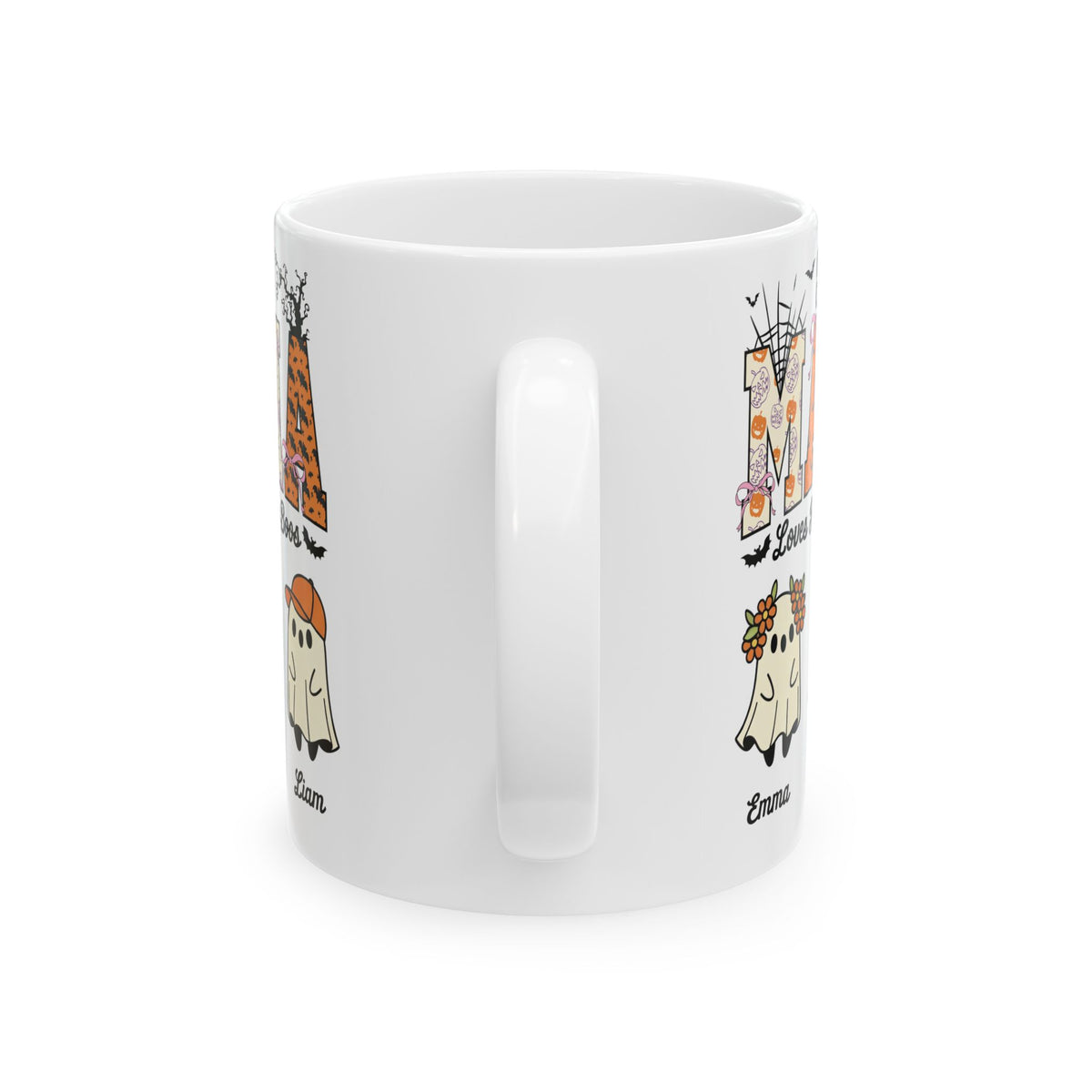 Mama Little Boos ghost design with kids names on a white ceramic mug, view 5