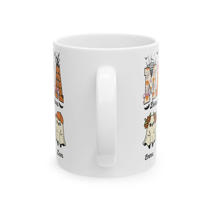 Mama Little Boos ghost design with kids names on a white ceramic mug, view 5