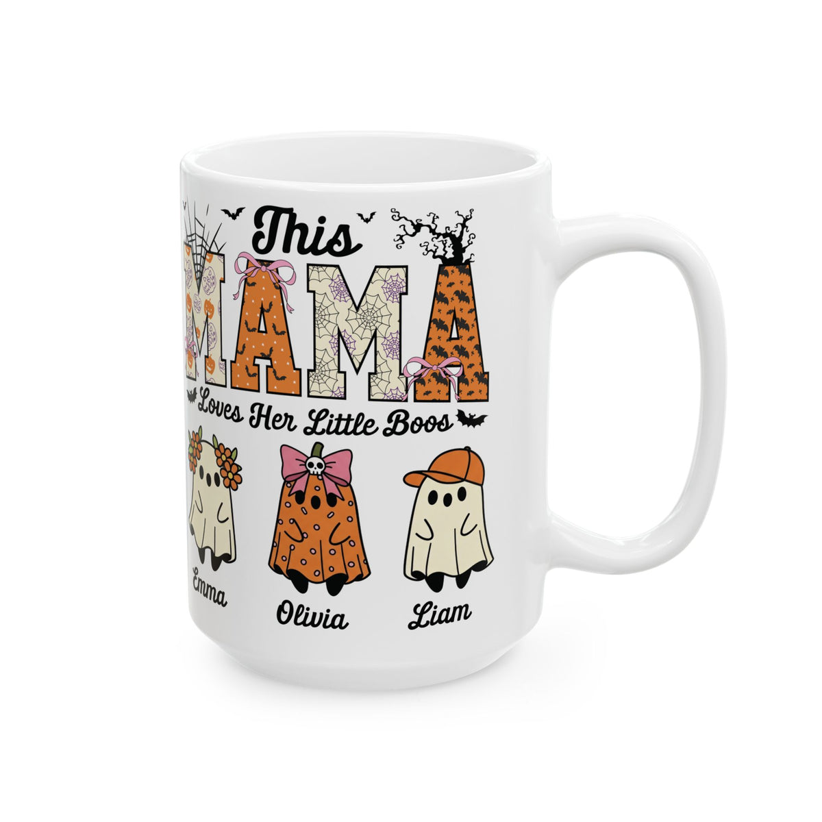 Mama Little Boos ghost design with kids names on a white ceramic mug, view 6