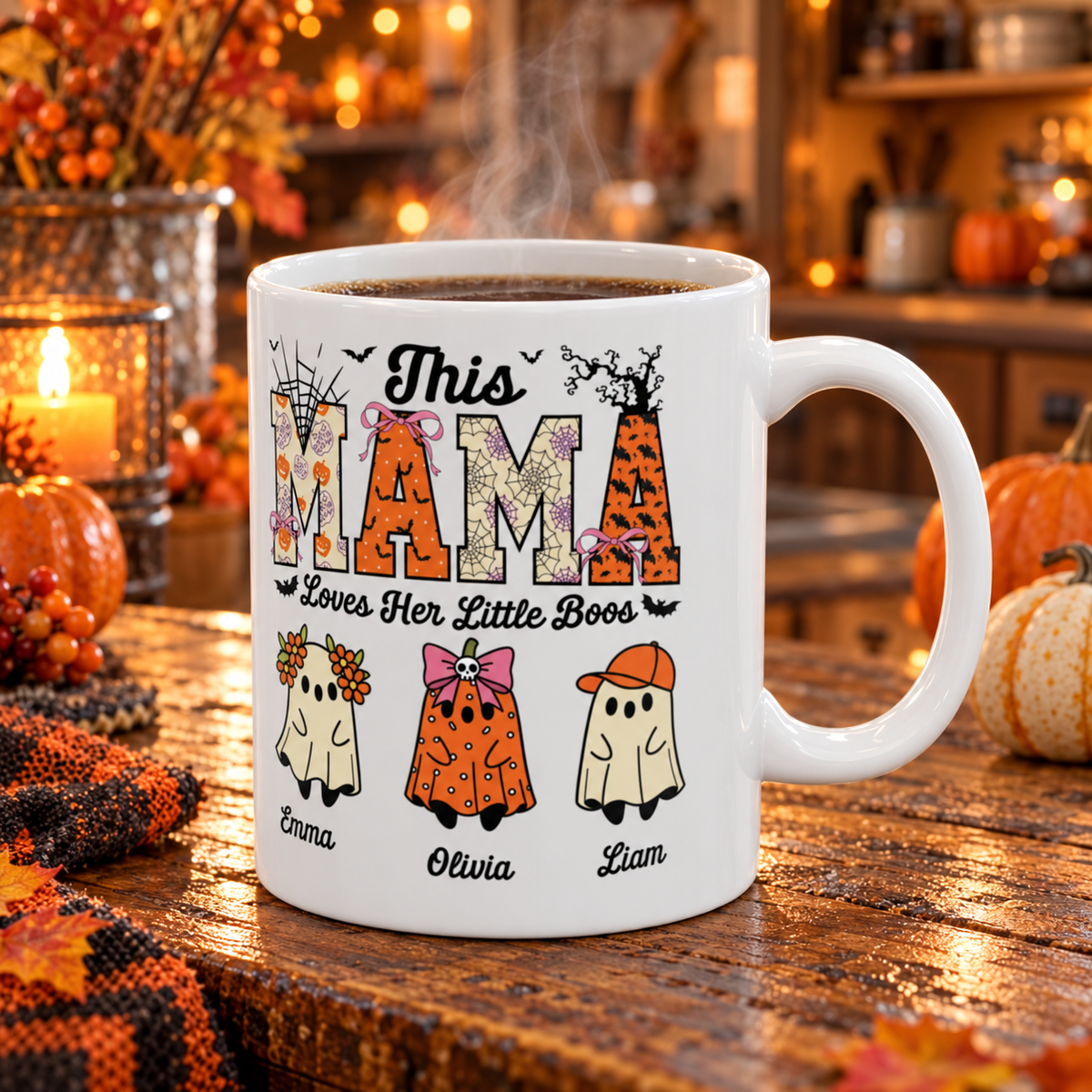 Mama Little Boos ghost design with kids names on a white ceramic mug, view 7