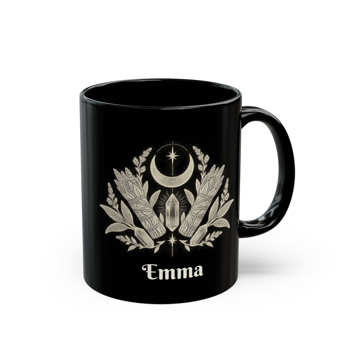 Mystic Moon design with a name on a black mug, view 1