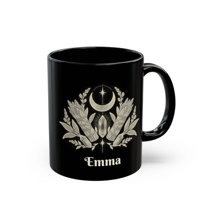 Mystic Moon design with a name on a black mug, view 1