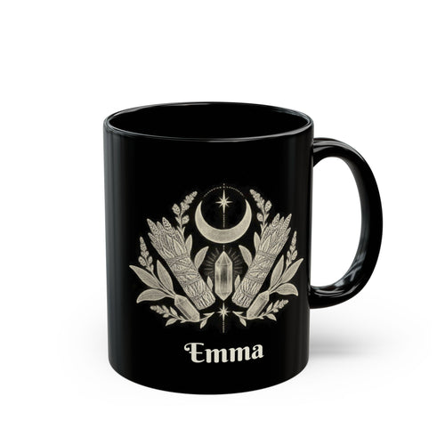 Mystic Moon design with a name on a black mug, view 1