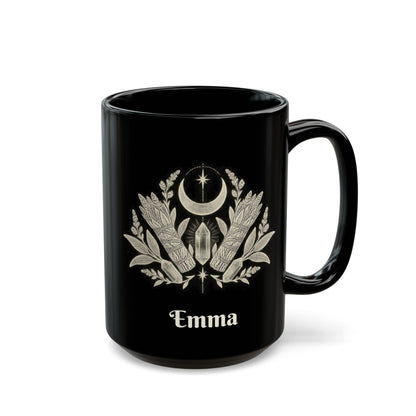Mystic Moon design with a name on a black mug, view 2