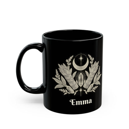 Mystic Moon design with a name on a black mug, view 3