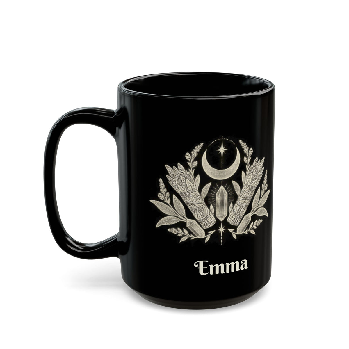 Mystic Moon design with a name on a black mug, view 6