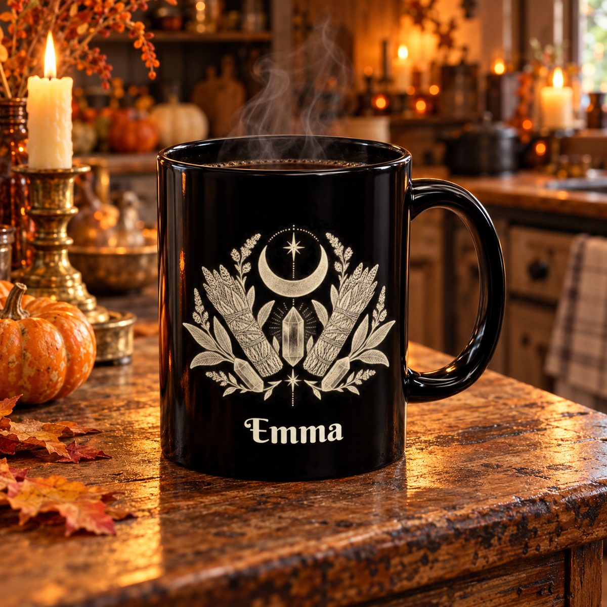 Mystic Moon design with a name on a black mug, view 7