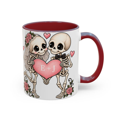 Skeleton Love couple design with initials on an accent mug, view 1