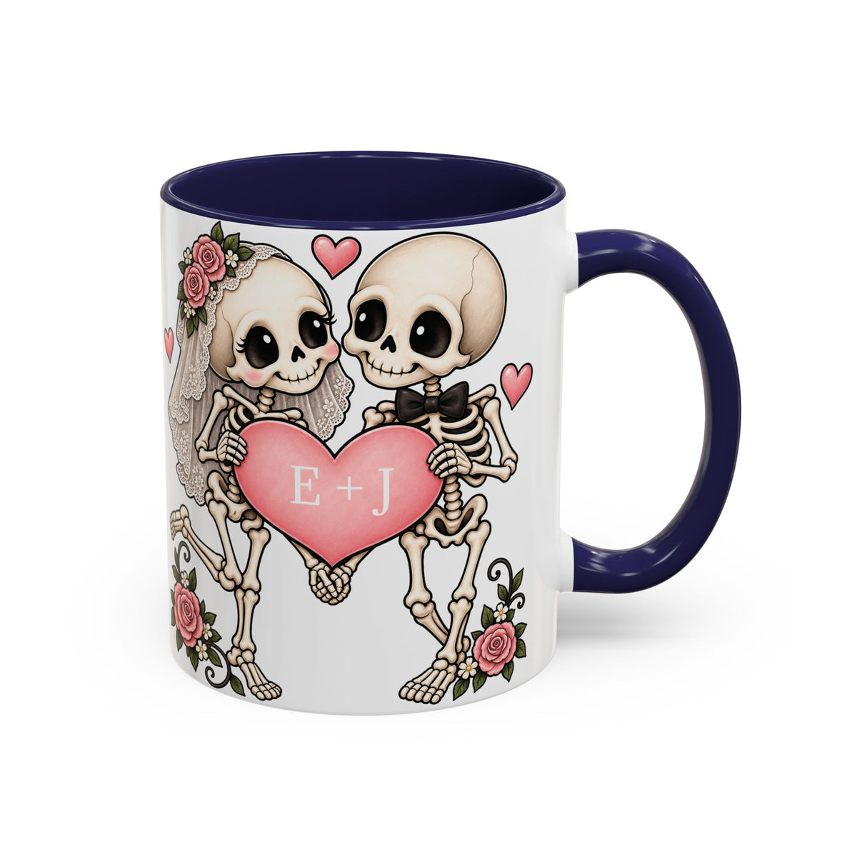 Skeleton Love couple design with initials on an accent mug, view 3