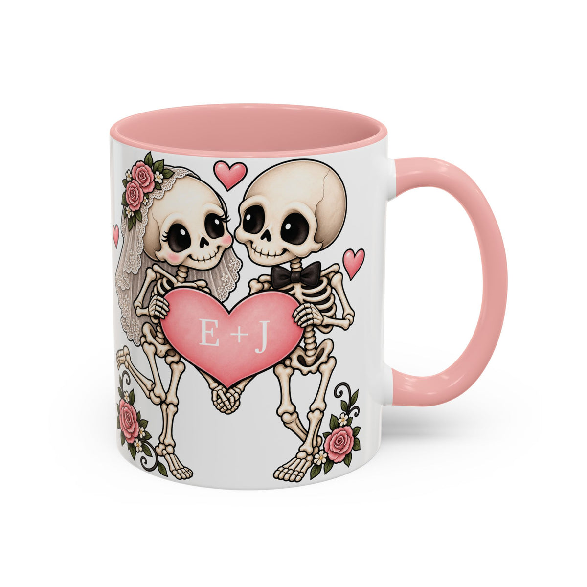 Skeleton Love couple design with initials on an accent mug, view 4