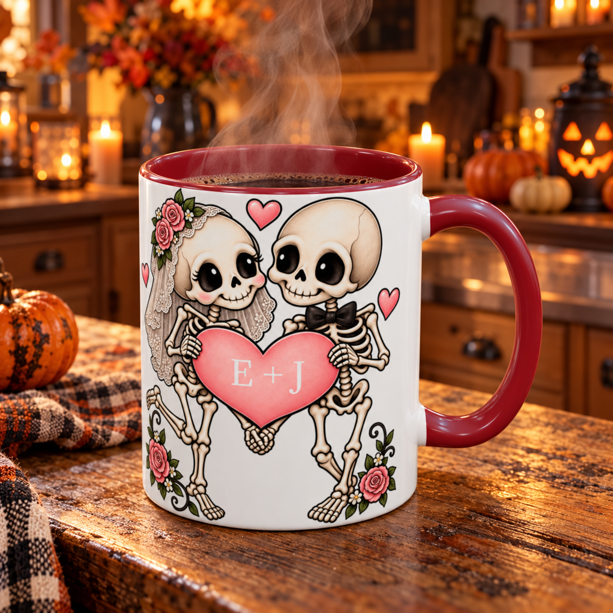 Skeleton Love couple design with initials on an accent mug, view 11