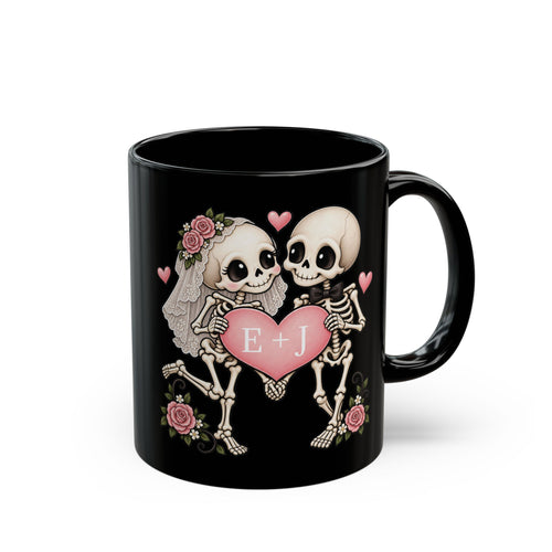 Skeleton Love couple design with initials on a black mug, view 1